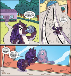 Size: 1451x1555 | Tagged: safe, artist:shauna j. grant, idw, violette rainbow, pony, unicorn, g5, spoiler:comic, spoiler:g5comic, spoiler:g5comic14, > <, acceptance, bottle, drink, drinking, female, filly, foal, horn, house, maretime bay, potion, solo, vitiligo