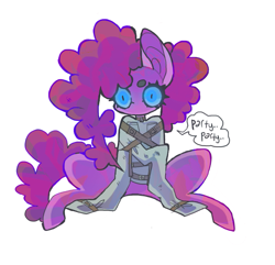 Size: 851x822 | Tagged: safe, artist:cutesykill, pinkie pie, earth pony, pony, g4, beanbrows, big ears, blue eyes, blue sclera, bondage, bound, colored eyebrows, colored pinnae, colored sclera, curly mane, curly tail, dialogue, eyebrows, eyelashes, female, glowing, glowing eyes, long legs, long mane, long tail, looking down, mare, no catchlights, no mouth, pink coat, pink mane, pink tail, pinkamena diane pie, simple background, sitting, slit pupils, solo, speech bubble, straitjacket, tail, tall ears, text, thick eyelashes, this did not end well, whispering, white background, wide eyes