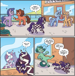 Size: 1455x1484 | Tagged: safe, artist:shauna j. grant, idw, violette rainbow, earth pony, pony, unicorn, g5, spoiler:comic, spoiler:g5comic, spoiler:g5comic14, checkered, female, filly, foal, food, horn, ice cream, male, mare, maretime bay, question mark, shocked, stallion, sweat, sweatdrop, unnamed character, unnamed pony, vitiligo, zigzag