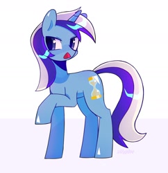 Size: 1642x1693 | Tagged: safe, artist:sillyp0ne, minuette, pony, unicorn, g4, blue coat, blue pupils, colored pupils, female, horn, looking away, looking offscreen, mare, open mouth, open smile, purple eyes, raised hoof, shiny coat, shiny ears, shiny eyes, shiny hooves, shiny mane, shiny tail, signature, smiling, solo, standing, standing on three hooves, tail, two toned background, two toned mane, two toned tail, unicorn horn