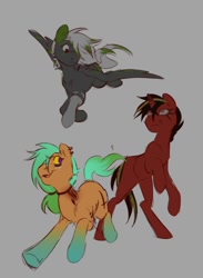 Size: 791x1080 | Tagged: safe, artist:tarsaqus, oc, oc only, earth pony, pegasus, pony, unicorn, flying, horn, trio