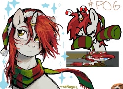 Size: 635x463 | Tagged: safe, artist:tarsaqus, oc, oc only, pony, unicorn, christmas, clothes, dab, digital art, female, holiday, horn, horn ring, mare, pixel art, ring, scarf, socks, solo, striped scarf, striped socks, unicorn oc