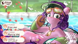 Size: 1916x1079 | Tagged: safe, artist:skullfroggy, pipp petals, pegasus, pony, g5, alternate hairstyle, chat, female, floating heart, heart, implied hitch trailblazer, implied pitch, implied shipping, implied straight, jewelry, looking at you, mare, necklace, solo, sunglasses, sunglasses on head, swimming pool, underhoof, visor cap