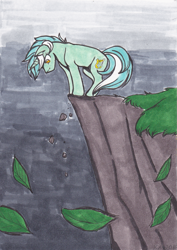 Size: 1225x1729 | Tagged: safe, artist:nothingspecialx9, lyra heartstrings, pony, unicorn, g4, atg 2016, cliff, horn, leaves, looking down, newbie artist training grounds, side view, solo