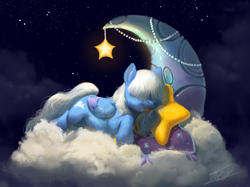 Size: 1242x927 | Tagged: safe, artist:amarantastar, oc, oc only, oc:fluff snowflake, pegasus, pony, cloud, female, hair over eyes, lying down, mare, night, on a cloud, pillow, prone, sleeping, solo, tangible heavenly object, tongue out, unshorn fetlocks