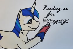 Size: 2048x1361 | Tagged: safe, artist:hoofclid, shining armor, pony, unicorn, g4, book, hoof hold, horn, lying down, male, marker drawing, prone, reading, smiling, solo, stallion, traditional art