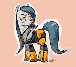 Size: 2016x1764 | Tagged: safe, artist:amarantastar, oc, oc only, earth pony, pony, eyebrows, eyebrows visible through hair, female, half-life, hev suit, mare, mouth hold, snark, solo