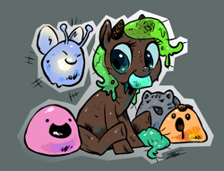 Size: 2520x1926 | Tagged: safe, artist:amarantastar, oc, oc only, goo, goo pony, original species, pony, female, horns, mare, mouth hold, sitting, slime, slime rancher