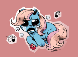 Size: 2600x1916 | Tagged: safe, artist:amarantastar, oc, oc only, oc:paula blueberry, fly, ghost, ghost pony, insect, pony, crying, dice, female, horns, mare, solo, the binding of isaac