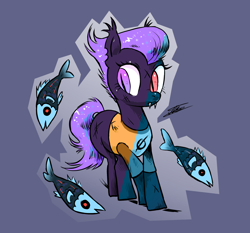 Size: 2052x1916 | Tagged: safe, artist:amarantastar, oc, oc only, bat pony, fish, pony, clothes, ear tufts, fangs, female, long sleeved shirt, long sleeves, mare, night in the woods, shirt, slit pupils, torn ear