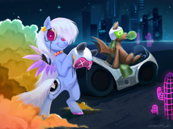 Size: 1280x957 | Tagged: safe, artist:amarantastar, oc, oc only, bat pony, pegasus, pony, amputee, artificial wings, augmented, bipedal, bubblegum, chest fluff, choker, city, cityscape, duo, female, food, futuristic, gum, helmet, mare, motorcycle, night, prosthetic limb, prosthetic wing, prosthetics, science fiction, spiked choker, stars, wings