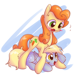 Size: 1957x1957 | Tagged: safe, artist:kaf_pone, carrot top, derpy hooves, golden harvest, earth pony, pegasus, pony, g4, blush scribble, blush sticker, blushing, female, folded wings, lesbian, mare, open mouth, open smile, personal space invasion, ship:derpytop, shipping, simple background, smiling, wings