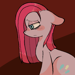 Size: 500x500 | Tagged: safe, artist:sebisu, pinkie pie, earth pony, pony, g4, female, floppy ears, lidded eyes, mare, pinkamena diane pie, pixel-crisp art, sad, sitting, solo, when she doesn't smile