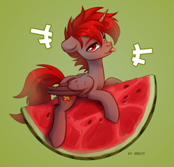 Size: 2080x2000 | Tagged: safe, artist:shelti, oc, oc only, oc:hardy, alicorn, pony, :p, alicorn oc, folded wings, food, full body, high res, horn, looking at you, male, ponies in food, solo, stallion, tongue out, watermelon, wings