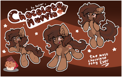 Size: 3000x1900 | Tagged: safe, artist:rejiser, oc, oc only, oc:chocolate muffin, earth pony, pony, brown background, butt, chest fluff, chocolate, cute, cutie mark, ear fluff, eyelashes, featureless crotch, female, food, gradient background, looking at you, mare, muffin, open mouth, plot, reference sheet, simple background, smiling, smiling at you, tail, text, tongue out