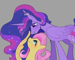 Size: 981x791 | Tagged: safe, artist:dulcesilly, fluttershy, twilight sparkle, alicorn, pegasus, pony, g4, blushing, boop, duo, duo female, ethereal mane, female, gray background, height difference, lesbian, looking at each other, looking at someone, looking down, looking up, mare, one wing out, ship:twishy, shipping, simple background, smiling, smiling at each other, starry mane, twilight sparkle (alicorn), ultimate twilight, wing boop, wing hands, wings