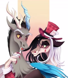 Size: 3610x4096 | Tagged: safe, artist:gkolae, discord, oc, draconequus, g4, bust, draconequus oc, duo, hat, high res, looking at each other, looking at someone, male, portrait