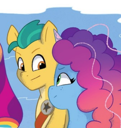 Size: 540x570 | Tagged: safe, idw, official comic, hitch trailblazer, misty brightdawn, sunny starscout, seapony (g4), g5, my little pony: set your sail, set your sail #4, spoiler:comic, spoiler:g5comic, bubble, cropped, duo focus, female, flowing mane, freckles, green mane, horn, looking at each other, looking at someone, male, mane stripe sunny, mare, ocean, offscreen character, purple mane, rebirth misty, scales, sea pony (g5), seaponified, seapony hitch trailblazer, seapony misty brightdawn, seapony sunny starscout, sheriff's badge, smiling, smiling at each other, species swap, stallion, swimming, underwater, water