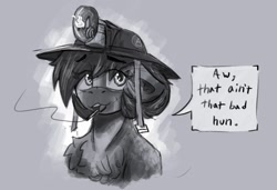 Size: 1248x855 | Tagged: safe, artist:reddthebat, oc, oc only, oc:number nine, earth pony, pony, bust, cigarette, dialogue, female, floppy ears, gray background, grayscale, helmet, mare, mining helmet, monochrome, simple background, smoking, solo, speech bubble, talking to viewer