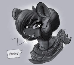 Size: 974x861 | Tagged: safe, artist:reddthebat, oc, oc only, oc:number nine, earth pony, pony, bandana, bust, cigarette, dialogue, female, gray background, grayscale, lidded eyes, mare, monochrome, open mouth, open smile, simple background, smiling, smoking, solo, speech bubble, talking to viewer