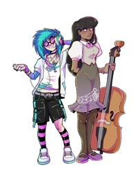 Size: 1080x1350 | Tagged: safe, artist:iridescentglow, dj pon-3, octavia melody, vinyl scratch, human, g4, blushing, bowtie, bracelet, cello, choking, clothes, cute, dark skin, demigirl, demigirl pride flag, duo, duo female, ear piercing, earring, female, headphones, humanized, ipod, jacket, jewelry, lesbian, lip piercing, mary janes, musical instrument, nail polish, necktie, nonbinary, nonbinary pride flag, nose piercing, nose ring, piercing, pride, pride flag, ship:scratchtavia, shipping, shoes, short, shorts, simple background, skirt, snake bites, socks, stockings, striped socks, tavibetes, thigh highs, vest, vinylbetes, white background