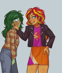 Size: 2110x2500 | Tagged: safe, artist:zigmeow, sunset shimmer, wallflower blush, human, equestria girls, g4, blushing, duo, duo female, female, grin, lesbian, looking at each other, looking at someone, ship:wallset, shipping, smiling, smiling at each other