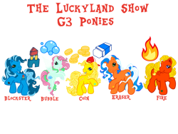 Size: 1032x774 | Tagged: safe, artist:meghan12345, earth pony, pegasus, pony, g3, blockster (the luckyland show), braces, bubble (the luckyland show), cap, coin (the luckyland show), cutie mark, eraser (the luckyland show), female, fire (the luckyland show), flying, group, hat, male, mare, ponified, raised hoof, simple background, smiling, smirk, spread wings, stallion, the luckyland show, transparent background, wings