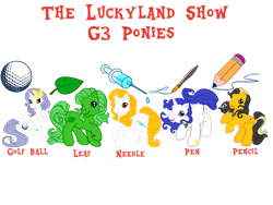 Size: 1032x774 | Tagged: safe, artist:meghan12345, earth pony, pony, unicorn, g3, bow, cutie mark, female, golf ball (the luckyland show), group, hair bow, horn, jewelry, leaf (the luckyland show), male, mare, necklace, needle (the luckyland show), open mouth, open smile, pen (the luckyland show), pencil (the luckyland show), ponified, raised hoof, simple background, sitting, smiling, stallion, the luckyland show, transparent background