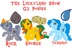 Size: 1032x774 | Tagged: safe, artist:meghan12345, earth pony, pegasus, pony, g3, cap, cutie mark, female, hat, male, mare, ponified, raised hoof, rock (the luckyland show), simple background, smiling, sponge (the luckyland show), spread wings, stallion, teardrop (the luckyland show), the luckyland show, transparent background, trio, wings