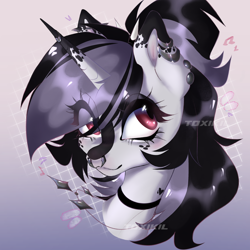 Size: 3000x3000 | Tagged: safe, artist:toxikil, oc, oc only, oc:blitz chord, unicorn, abstract background, blushing, choker, ear piercing, earring, gradient background, horn, horn ring, jewelry, necklace, nose piercing, piercing, ponytail, ring, solo, spots, spotted, two toned mane, wingding eyes