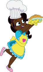 Size: 893x1489 | Tagged: safe, artist:prixy05, pinkie pie, human, g4, apron, black hair, chef's hat, clothes, dark skin, dress, female, food, freckles, hat, humanized, one leg raised, oven mitts, pie, simple background, solo, transparent background