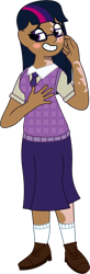 Size: 516x1570 | Tagged: safe, artist:prixy05, twilight sparkle, human, g4, blushing, clothes, female, flustered, glasses, humanized, moderate dark skin, scarred, shoes, simple background, solo, sweater vest, transparent background