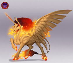 Size: 2646x2277 | Tagged: safe, artist:witherslayer73, daybreaker, oc, oc:aqasha, alicorn, pony, g4, 4 wings, alternate universe, cloven hooves, corrupted, female, glowing, glowing horn, golden body, hooves, horn, infinite eclipse, mane of fire, mare, muscles, raised hoof, solo