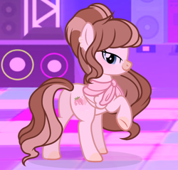 Size: 1278x1220 | Tagged: safe, artist:cstrawberrymilk, oc, oc only, oc:strawberry milk, pegasus, pony, bangs, blushing, brown mane, brown tail, butt, club, coat markings, colored hooves, colored muzzle, cream coat, cream hooves, dance floor, ear piercing, earring, eyelashes, facial markings, female, folded wings, hooves, indoors, jewelry, lidded eyes, looking at you, mare, neckerchief, piercing, plot, ponytail, screencap background, smiling, smiling at you, snip (coat marking), solo, tail, two toned mane, two toned tail, wavy mane, wavy tail, wings