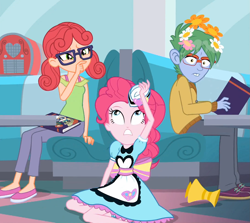 Size: 1833x1637 | Tagged: safe, composite screencap, edit, edited screencap, screencap, alizarin bubblegum, celery stalk, pinkie pie, human, coinky-dink world, equestria girls, g4, my little pony equestria girls: summertime shorts, book, checkered floor, clothes, diner, diner uniform, flower, glasses, server pinkie pie, sweet snacks cafe, uniform, waitress