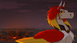 Size: 1280x720 | Tagged: safe, artist:witherslayer73, oc, oc only, oc:ayzat, alicorn, pony, alicorn oc, alternate universe, cloud, glowing, glowing eyes, horn, infinite eclipse, lava, solo, wasteland, wings