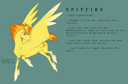 Size: 2265x1493 | Tagged: safe, artist:witherslayer73, spitfire, pegasus, pony, g4, alternate universe, female, infinite eclipse, mare, solo, story included, text