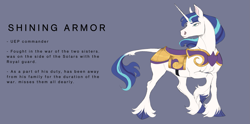 Size: 2723x1353 | Tagged: safe, artist:witherslayer73, shining armor, pony, unicorn, g4, alternate universe, armor, horn, infinite eclipse, male, solo, stallion, story included, text