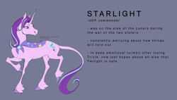 Size: 2631x1493 | Tagged: safe, artist:witherslayer73, starlight glimmer, pony, unicorn, g4, alternate universe, cape, clothes, horn, implied death, infinite eclipse, solo, story included, text, trixie's cape