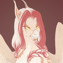 Size: 2000x2000 | Tagged: safe, artist:dementra369, oc, oc only, hybrid, pegabat, pony, braid, bust, ear tufts, fangs, glowing, glowing eyes, portrait, solo