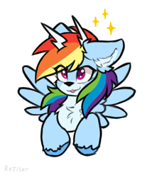 Size: 900x1050 | Tagged: safe, artist:rejiser, rainbow dash, deer, deer pony, hybrid, original species, peryton, pony, reindeer, g4, :3, :p, antlers, chest fluff, cute, deerified, ear fluff, female, hooves, looking at you, reindeer dash, reindeerified, simple background, smiling, smiling at you, solo, species swap, spread wings, tongue out, white background, wings