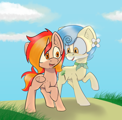 Size: 3911x3865 | Tagged: safe, artist:cotarsis, oc, oc only, pegasus, pony, colored sketch, dirt road, duo, grass, hill, open mouth, open smile, sketch, smiling