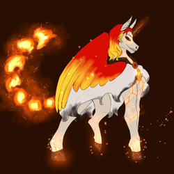 Size: 2048x2048 | Tagged: safe, artist:vani_vanilla, oc, oc only, oc:ayzat, alicorn, pony, alicorn oc, corrupted, discord source, embers, fangs, female, fire, glowing, glowing eyes, glowing horn, horn, infinite eclipse, lava, mane of fire, mare, solo, species:molten, wings