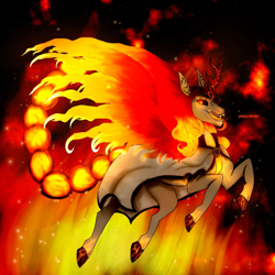 Size: 2048x2048 | Tagged: safe, artist:vani_vanilla, oc, oc only, oc:ayzat, alicorn, pony, alicorn oc, alternate universe, corrupted, discord source, female, fiery wings, glowing, glowing eyes, horn, infinite eclipse, mare, solo, species:molten, wings