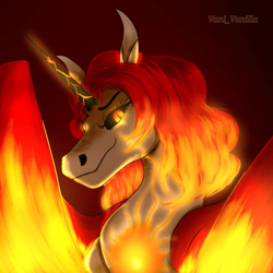 Size: 1280x1280 | Tagged: safe, artist:vani_vanilla, oc, oc only, oc:ayzat, alicorn, pony, alicorn oc, alternate universe, corrupted, discord source, female, fiery wings, glowing, glowing eyes, horn, infinite eclipse, mare, solo, species:molten, wings