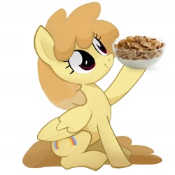 Size: 1865x1866 | Tagged: safe, artist:mandumustbasukanemen, edit, toffee swirl, pegasus, pony, g4, cinnamon toast crunch, female, mare, raised hoof, simple background, sitting, smiling, solo, white background