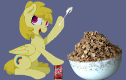 Size: 1260x804 | Tagged: safe, edit, toffee swirl, pegasus, pony, g4, cinnamon toast crunch, female, happy, looking at you, mare, mountain dew, raised hoof, simple background, smiling, solo, spoon