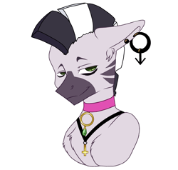 Size: 2268x2160 | Tagged: safe, artist:tauseko, oc, oc only, oc:zebra north, zebra, choker, collar, ear piercing, earring, femboy, jewelry, male, piercing, punk, simple background, solo, stallion, white background, zebra femboy, zebra oc