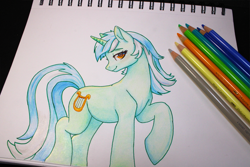 Size: 3933x2622 | Tagged: safe, artist:sierraex, lyra heartstrings, pony, unicorn, g4, colored pencil drawing, colored pencils, horn, raised hoof, smiling, solo, traditional art