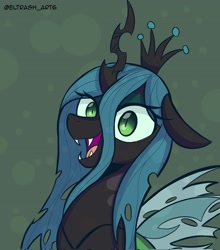 Size: 1805x2048 | Tagged: safe, artist:eltrash_art6, queen chrysalis, changeling, changeling queen, g4, crown, cute, cutealis, eyeshadow, fangs, female, green background, jewelry, makeup, open mouth, regalia, solo